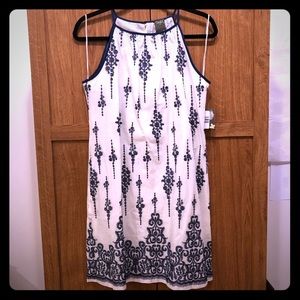 NWT Taylor Cream and Blue Embellished cotton dress